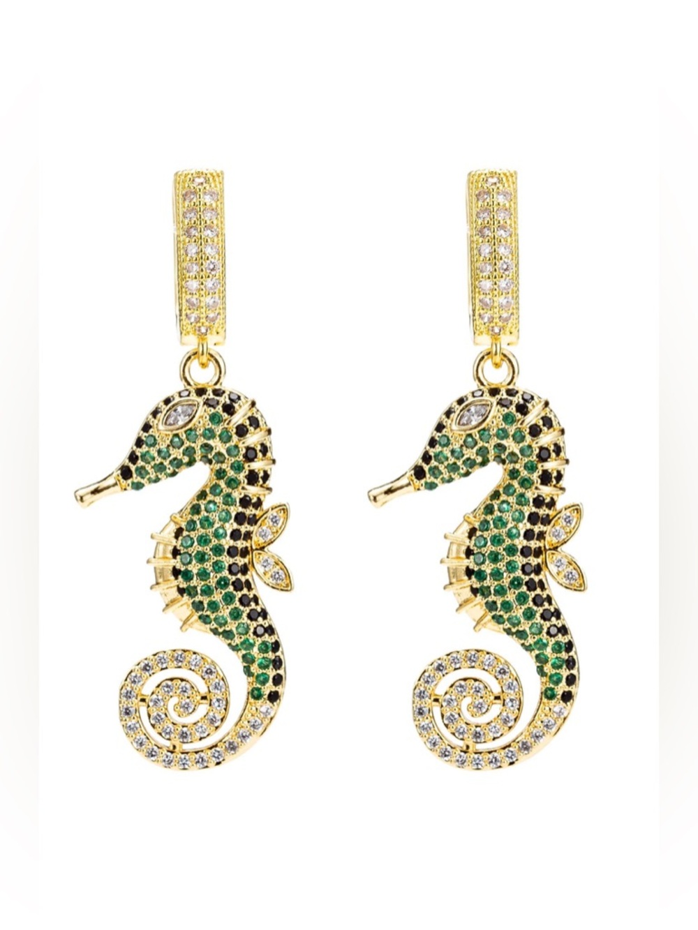 gold tone seahorse crystal drop earrings